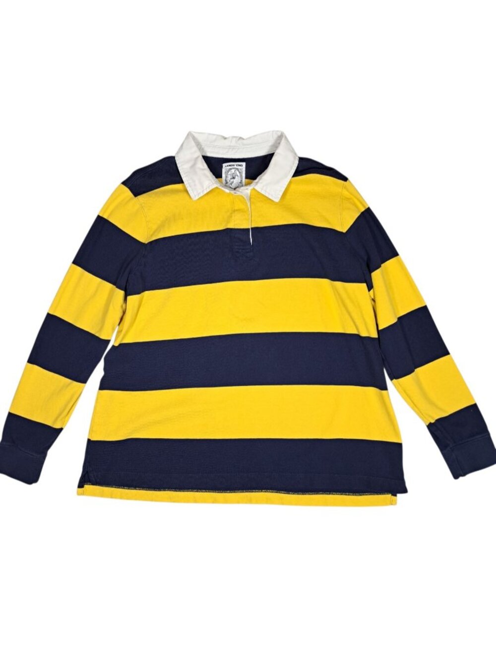 Mens Lands End Rugby Shirt XL Striped Long Sleeve Yellow Blue 90s Y2K Preppy Vtg